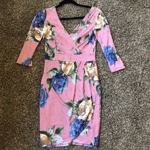 Deep V Front &back , florals pink one piece dress